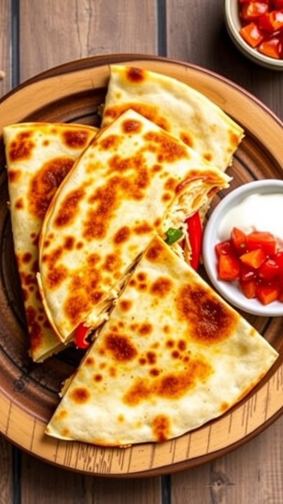 Low carb chicken quesadilla cut into wedges, served with sour cream and salsa on a wooden plate.